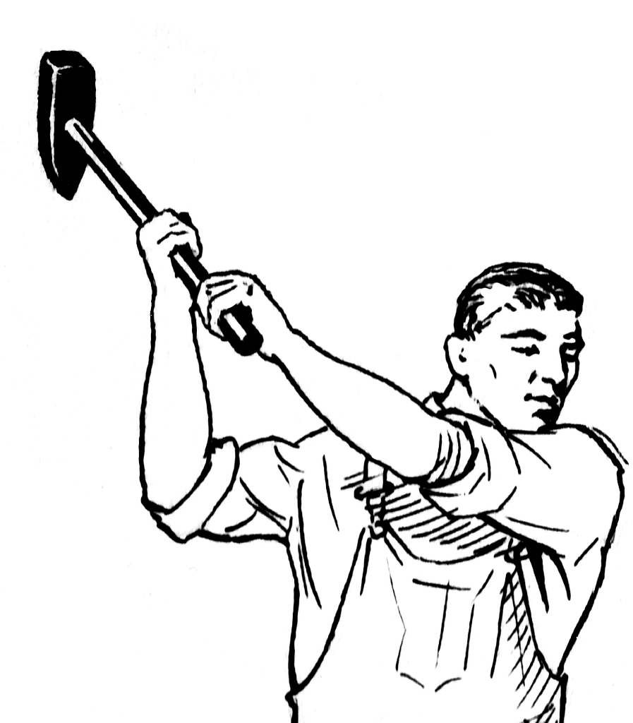 Line drawing of a man swinging a sledgehammer.