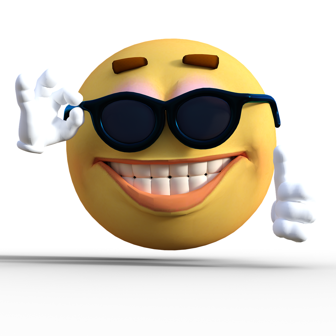 A graphic of a nerdy emoji, sunglasses and pointy fingers